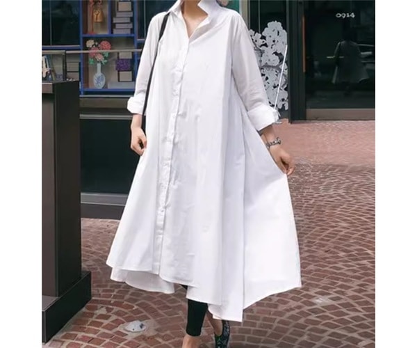 レディース ワンピース シャツワンピ ロング 長袖 襟付き ポロカラー 前開き ボタン 綿 コットン 大人可愛い きれいめ シンプル カジュアル 上品 おしゃれ レトロ ラフ ルーズ 個性的 存在感