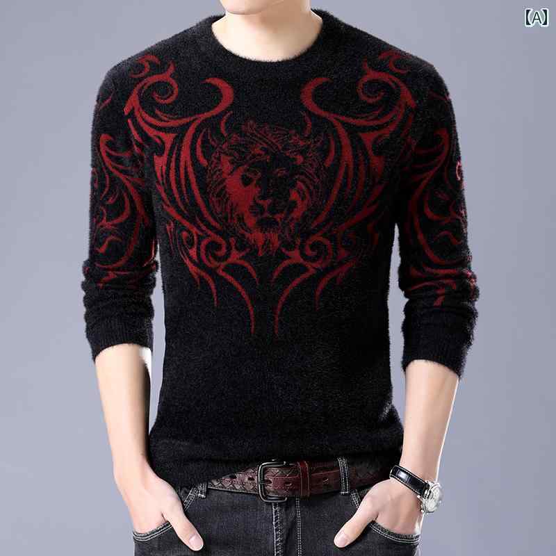 メンズ トップスス おしゃれ 冬 暖かい ベース セーター ライオン ヘッド 柄 厚手 セーター