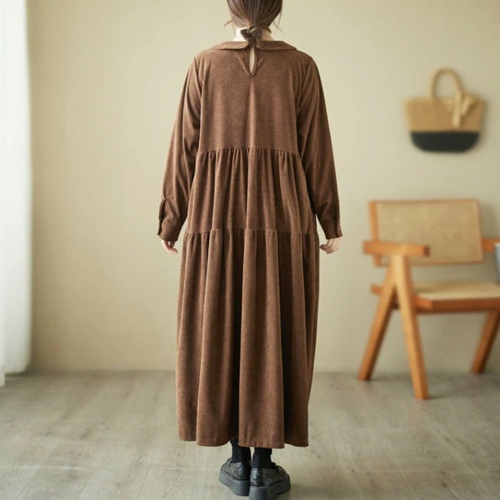 ティアード 五分袖 襟付き ワンピース ミモレ ロング フレア Aライン ギャザー 七分袖 ポケット付き ゆったり 大きめ 無地 可愛い カジュアル きれいめ 春 秋 冬 レディース 韓国ファッシ