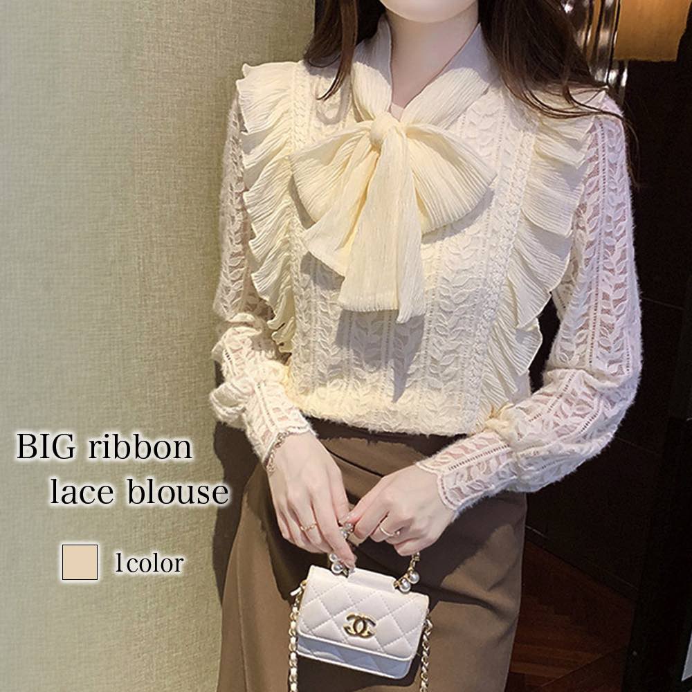 ブラウス レディース BIGリボンレースブラウス 高品質 長袖 人気 フォーマル 白 事務服 厚手 黒 オフィス レース シフォン フリル おしゃれ ボウタイ Tシャツ カジュアル ブランド きれいめ