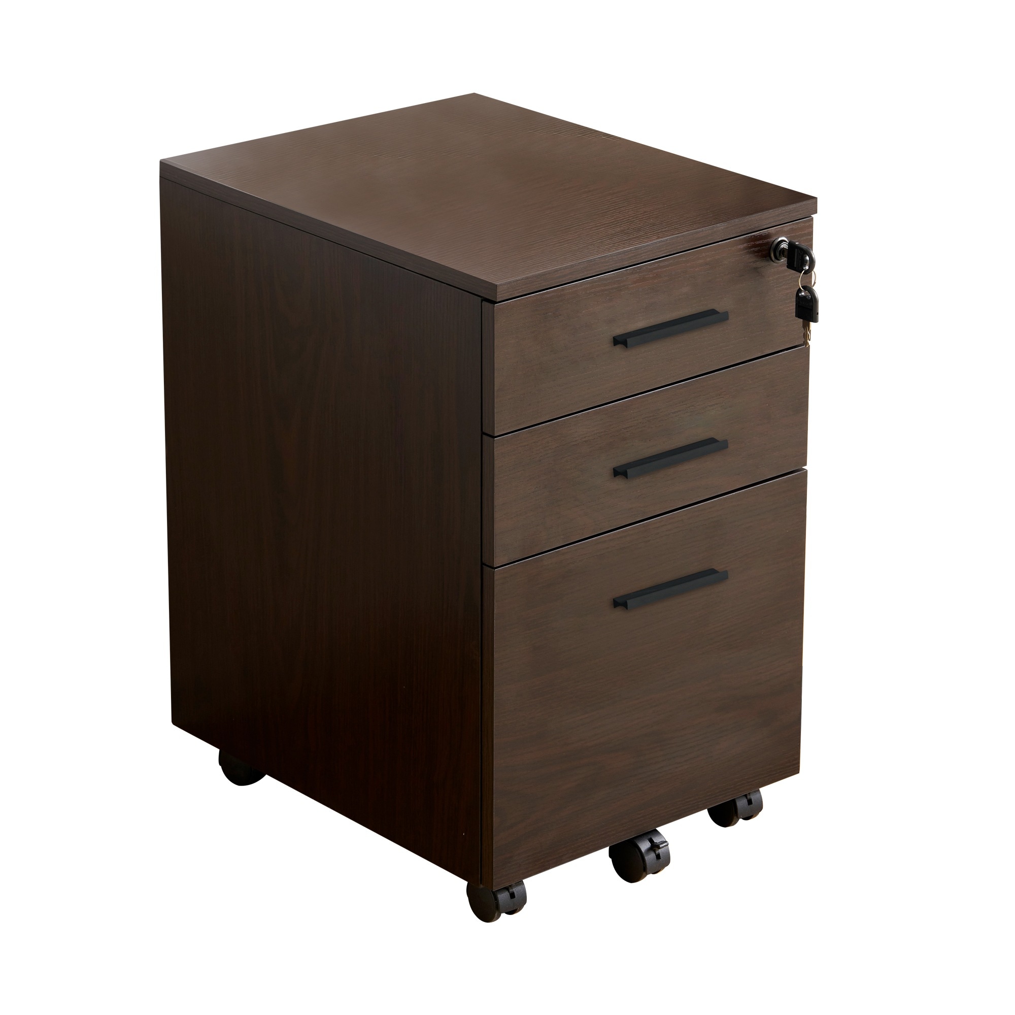 【国内発送】1650【新品登場】デスクワゴン サイドワゴン ラック 鍵付き キャスター付き 脇机 引き出し3段　クルミ