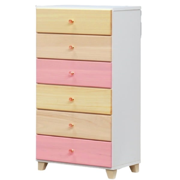 日本製 天然木 ハイチェスト ６段 60cm幅 ピンク系 完成品 チェスト タンス 衣類収納 引出し収納