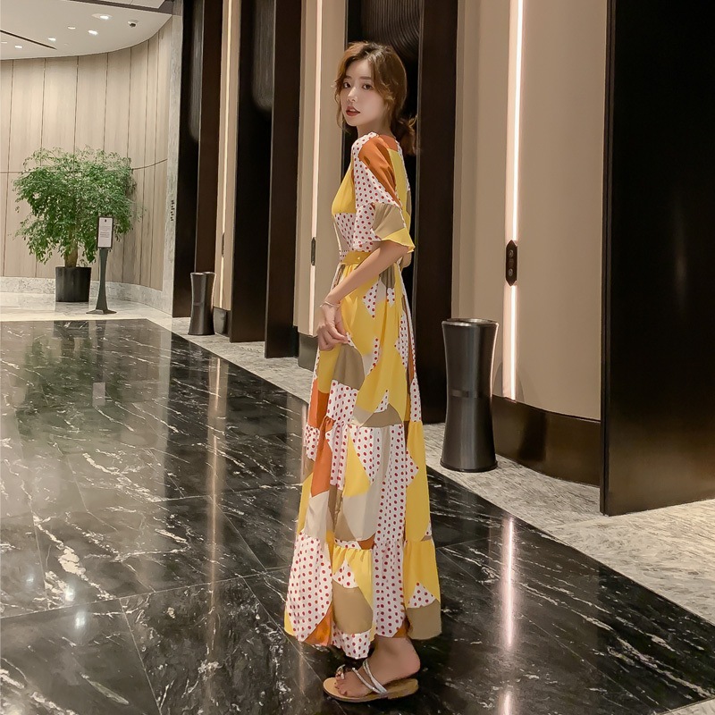 カシュクールワンピース ロングワンピース ロング丈 マキシ丈 プリント柄 Vネック 半袖