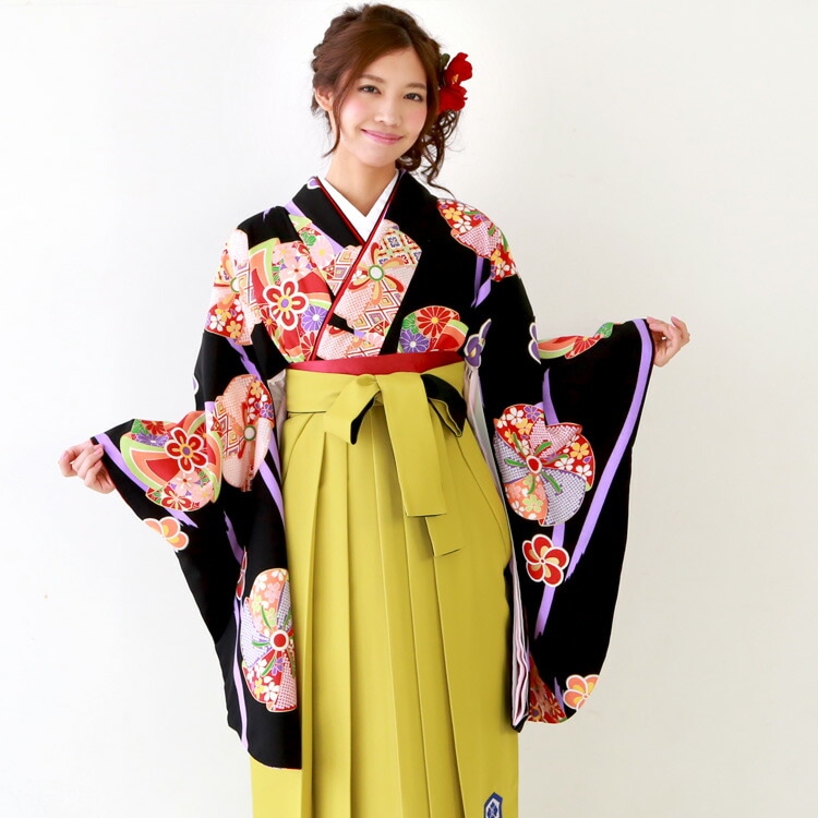 レンタル卒業式 袴 レンタル 女 袴セット 女 東レシルック 卒業式袴セット2尺袖着物＆日本製袴 フルセットレンタル 安い 黒地に古典花風車と紫縦縞ハカマ はかま rental