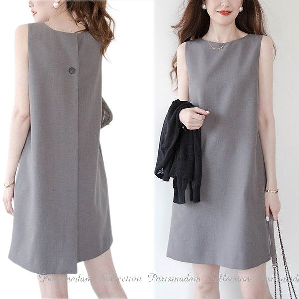 【コスパ最高】ノースリーブミニ丈ワンピース　ひざ上丈　ミニ　大人ワンピース　グレー　大きいサイズ有り　ほっそり効果大 20代30代40代ミセスクリックポストで