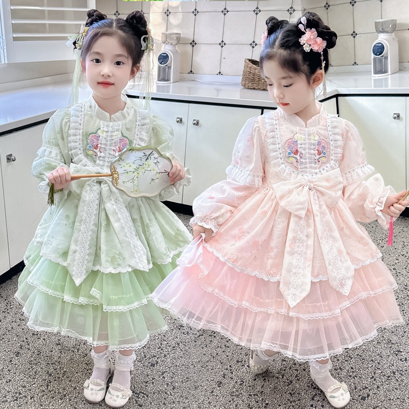 女の子秋ドレス洋風子供長袖ロリータプリンセスドレス女の子誕生日中国風ケーキドレス
