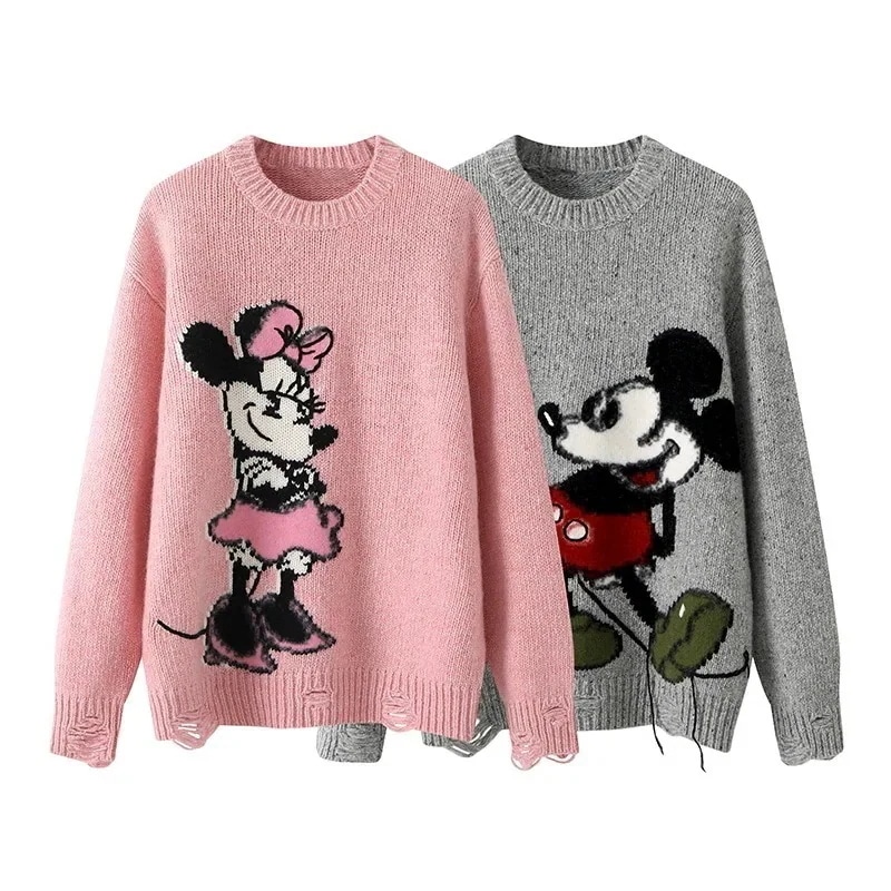 ミッキーとミニーの刺繍入りジャカードルーズダメージセーター性用ミッキー