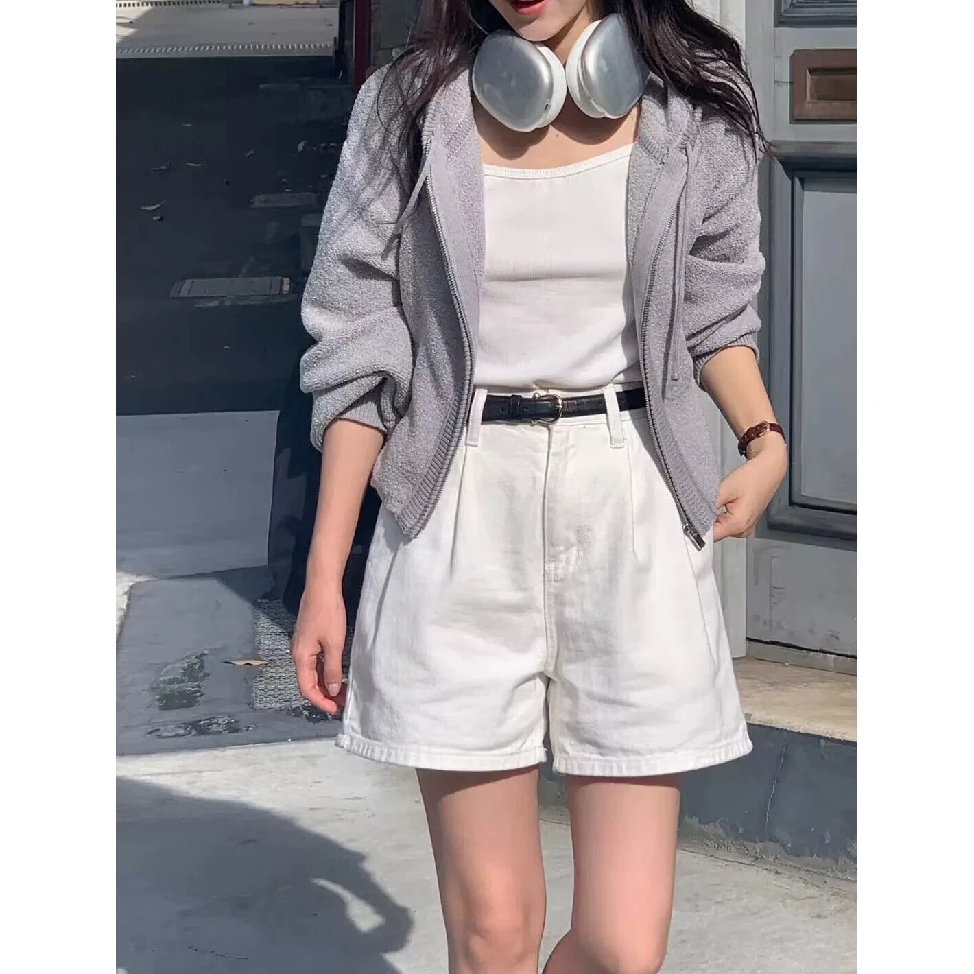 2024春夏韓国シンプル無地ハイウエストプリーツカジュアルショーツ