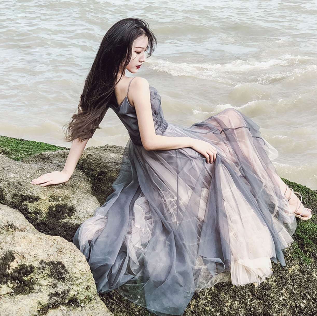 ワンピース キャミワンピ フレア ロング Vネック チュール レース シアー サテン ギャザー おしゃれ 大人可愛い きれいめ エレガント春 夏 海 デート リゾート S XL グレー