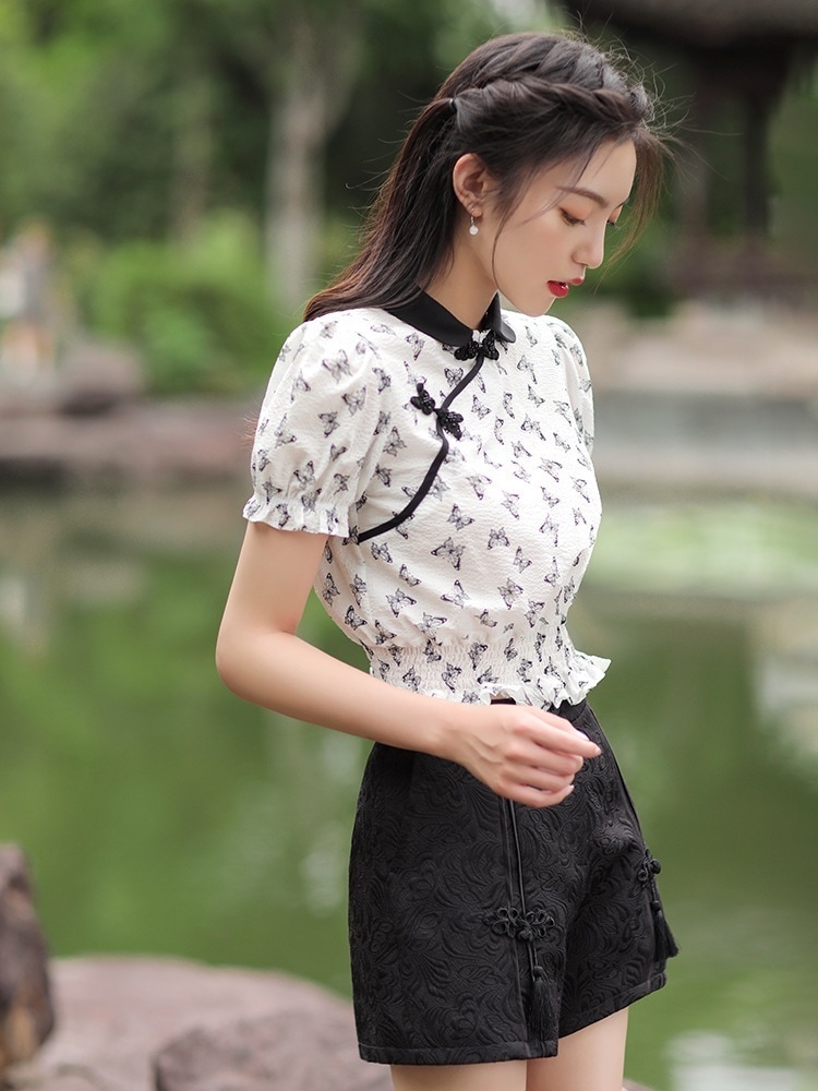 パンツ ズボン カットソー レディース 半袖 襟付き ショート フリル チャイナ風 セット ガーリー かわいい 大人可愛い きれいめ 蝶 バタフライ 夏 学生 デート コーデ トップス ボトムス