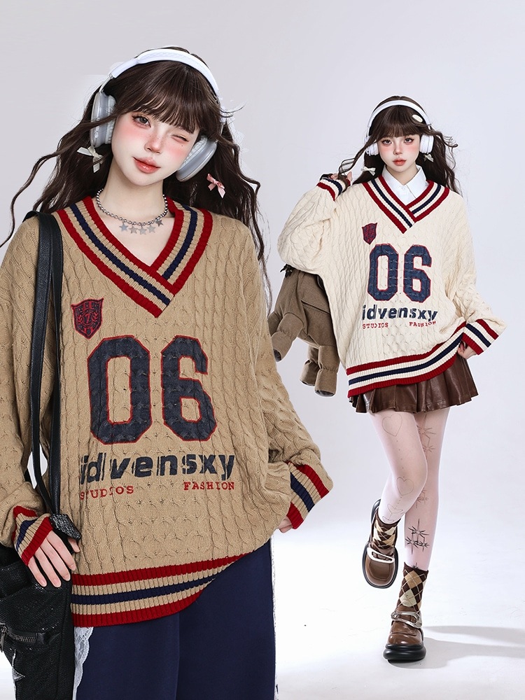 2025春夏 韓国可愛い風トップス 長袖 ニット K-POPファッション長袖ストリート系サイド丈フットシルエットシャツ衣装レディースサイズVネックユニセックスおしゃれカジュアルダンスラグラン