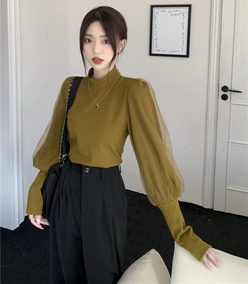 トップス シャツ ランタンスリーブ ハイカラー プルオーバー 長袖 ボリューム袖 メッシュ 透け感 レディース 大人 上品 おしゃれ お洒落 クール セクシー 春 秋 デート お出かけ 休日 旅行