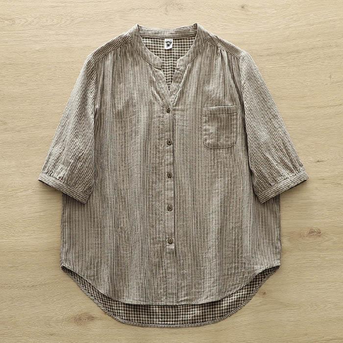 ダブルガーゼ シャツ ブラウス レディース ストライプ柄 綿100％ 半袖 春 夏 秋 トップス ガーゼ 半袖 薄手 フェミニン 着回し シンプル ナチュラル 大人 バイカ