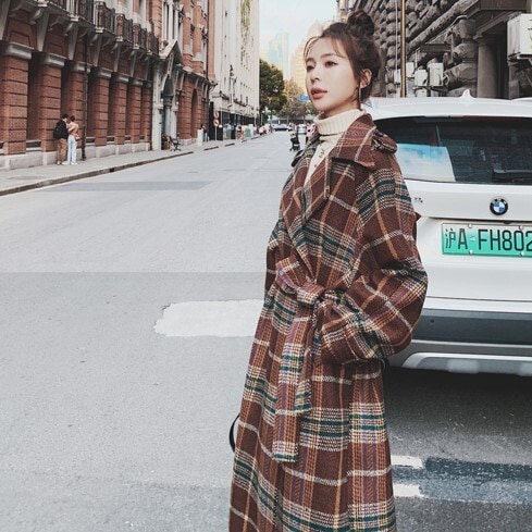 チェック柄コート ブラウン グリーン アウター ロング スリム 細身 ストレート スマート かわいい