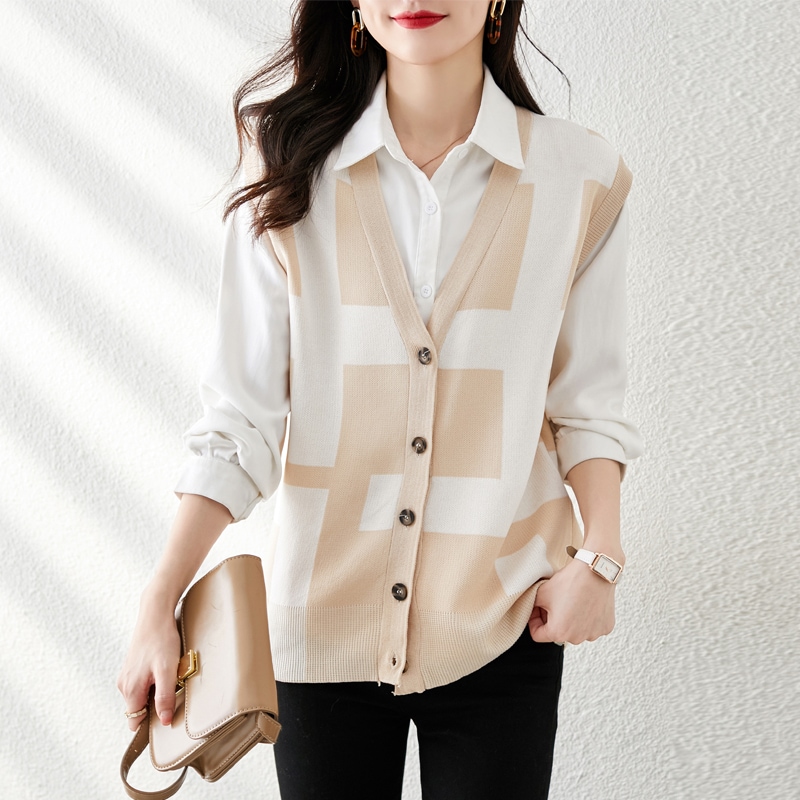 カラー配色 不規則ライン 格子風 ジレ トップス ベスト ミディアム丈 袖なし ノースリーブ