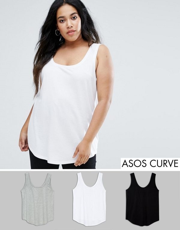 ASOS エイソス レディース 大きめサイズ ゆったりサイズ 送料無料 Black white grey CURVE Longline Vest 3 Pack Save 15%