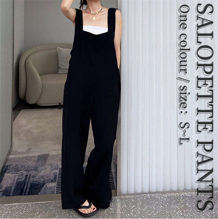 ２点で11o円OFF！【本日限定】【即納】サロペット レディース ロング オールインワン きれいめ オーバーオール ワイドパンツ ワイド ロングパンツ 大きいサイズ パンツドレス サイドポケット ノー