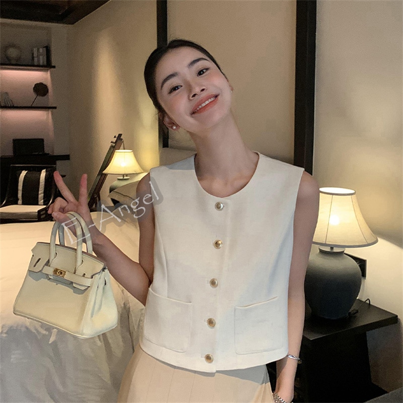 ノースリーブトップス レディース ショート丈 スーツベスト 杏色 黒色 無地 通勤 オフィス ラウンドネック 個性的 袖なし 着瘦せ 気質OL 大人 卒業式 入学式 おしゃれ 高級感 上品