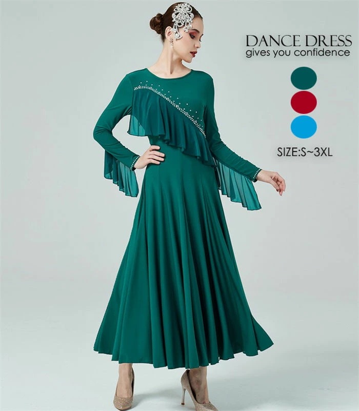 舞台 演出 社交ダンス ダンスワンピース 衣装 競技着 ダンス専門服 タンゴ服 フリル 長袖 大きい裾 パーティー モダンダンス イベント衣装 ステージ衣装 ラテンダンス ダンスウエア 練習着 ワルツ