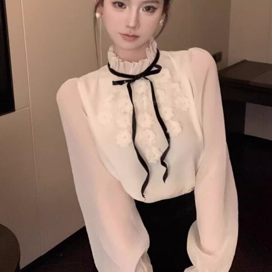 トップス シャツ ブラウス レディース 長袖 ボリューム袖 フレアスリーブ ハイネック タートルネック りぼんタイ フレア フェミニン フリル リボン シフォン 薄手 かわいい 大人可愛い きれいめ