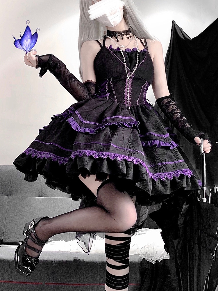 lolita地雷パーカーロリータ ワンピース ゴスロリドレス-ゴシックエレガントストラップロリータトレーリングドレス