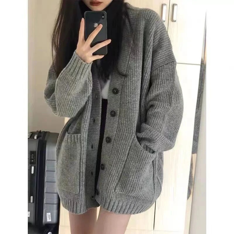 ハイエンドのカスタマイズ-女性用の暖かいルーズセータージャケット春と秋のスーツ怠惰なレトロスタイルの衣装グレーのセーター 4,740円