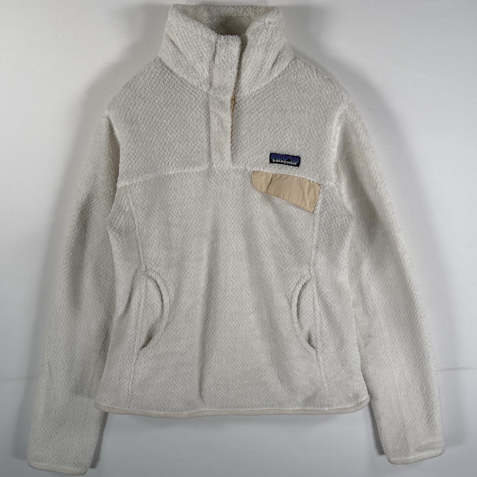 古着 フリースジャケット ハーフボタン ワンポイント刺繍ロゴ 胸ポケット 小さいサイズ S ホワイト レディース