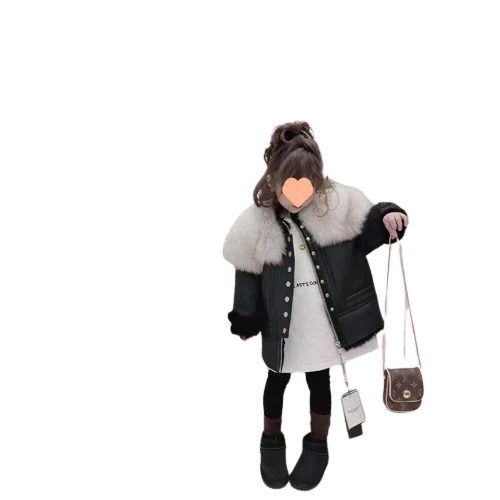 毛襟PU毛皮衣女子児童のの大毛襟加絨PU毛皮衣コート