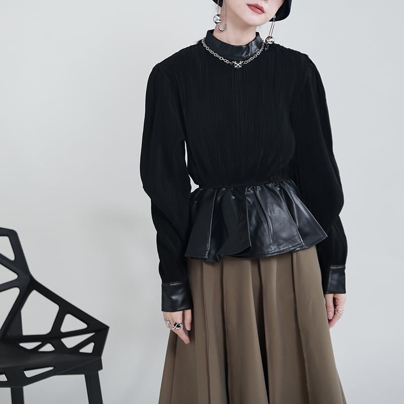 トップス ブラウス 長袖 秋 冬 オータム ウィンター 個性的 無地 ブラック 黒 フリル ウエストマーク ウエスト切り替え 異素材ミックス ハイウエスト 脚長効果 スタイルアップ 大人 上品 wto