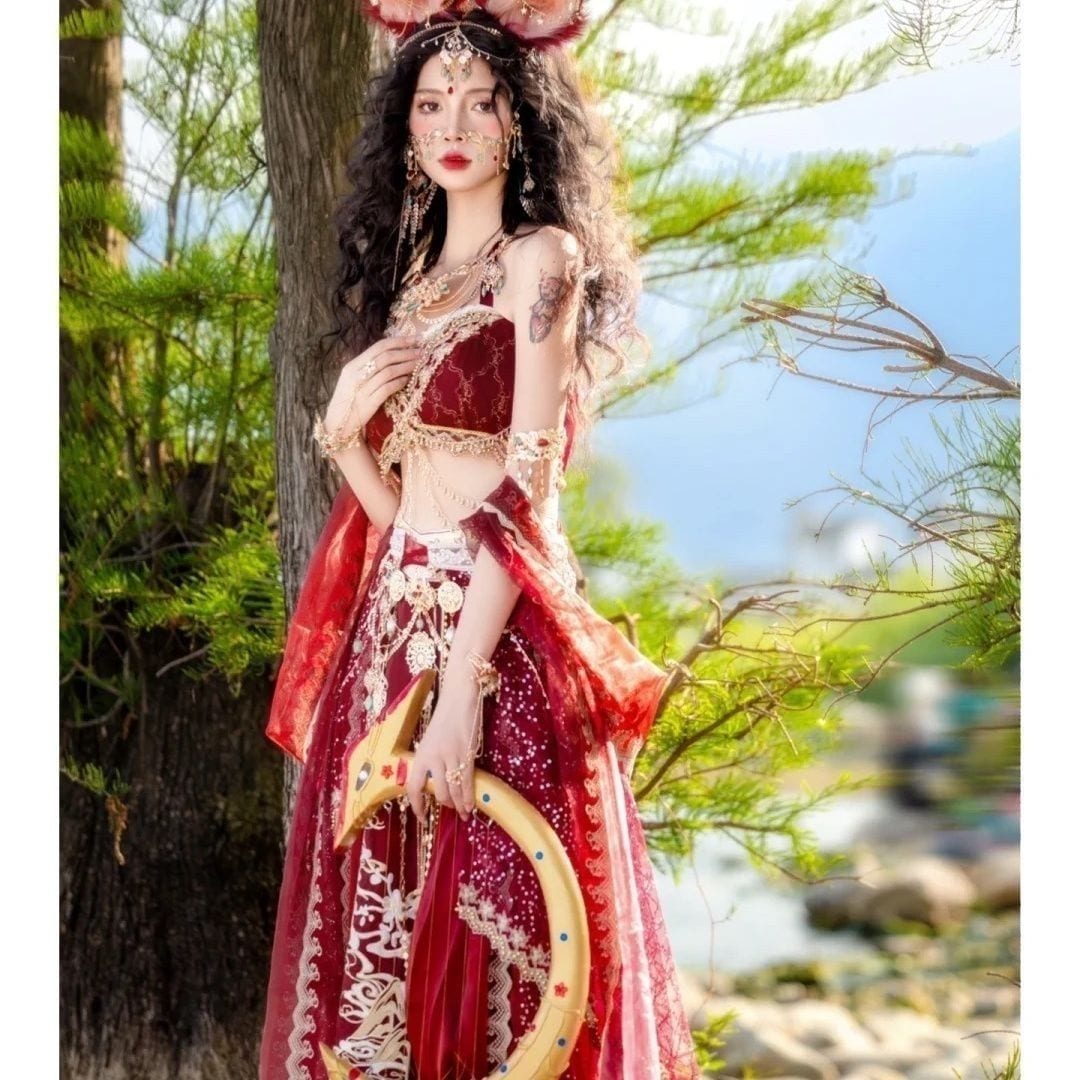 エキゾチックスタイルの敦煌飛行ダンス衣装漢元素の赤いマント砂漠の王女旅行写真撮影衣装