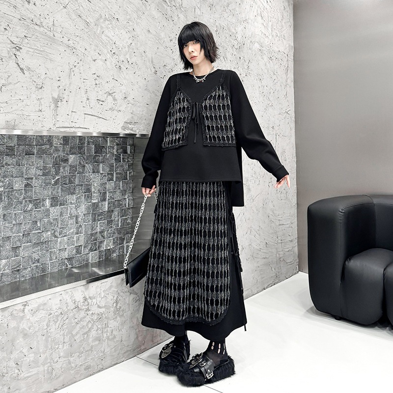 【J.Fashion】 格子ドッキング 上下セット キラキラ おしゃれ 秋冬 レディース セットアップ 関連商品購入可能 メガ割