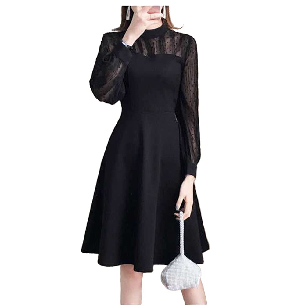 Collecala長袖ワンピース レディースパーティードレス　母親　親結婚式ドレス　ウエストマーク ハイネック Aラインサーキュラースカート　ドットフロッキープリーツシフォン＆カットソー切り替え　ジッ