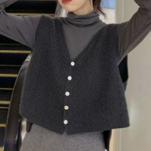 ３色 トップス セーター ベスト レディース 秋冬 カジュアル 長袖 ハイネック ふわふわ 前開き 2way ブラウン グレー 秋カラー アプリコット XS S M ジャスト サイズ かわいい 大人可