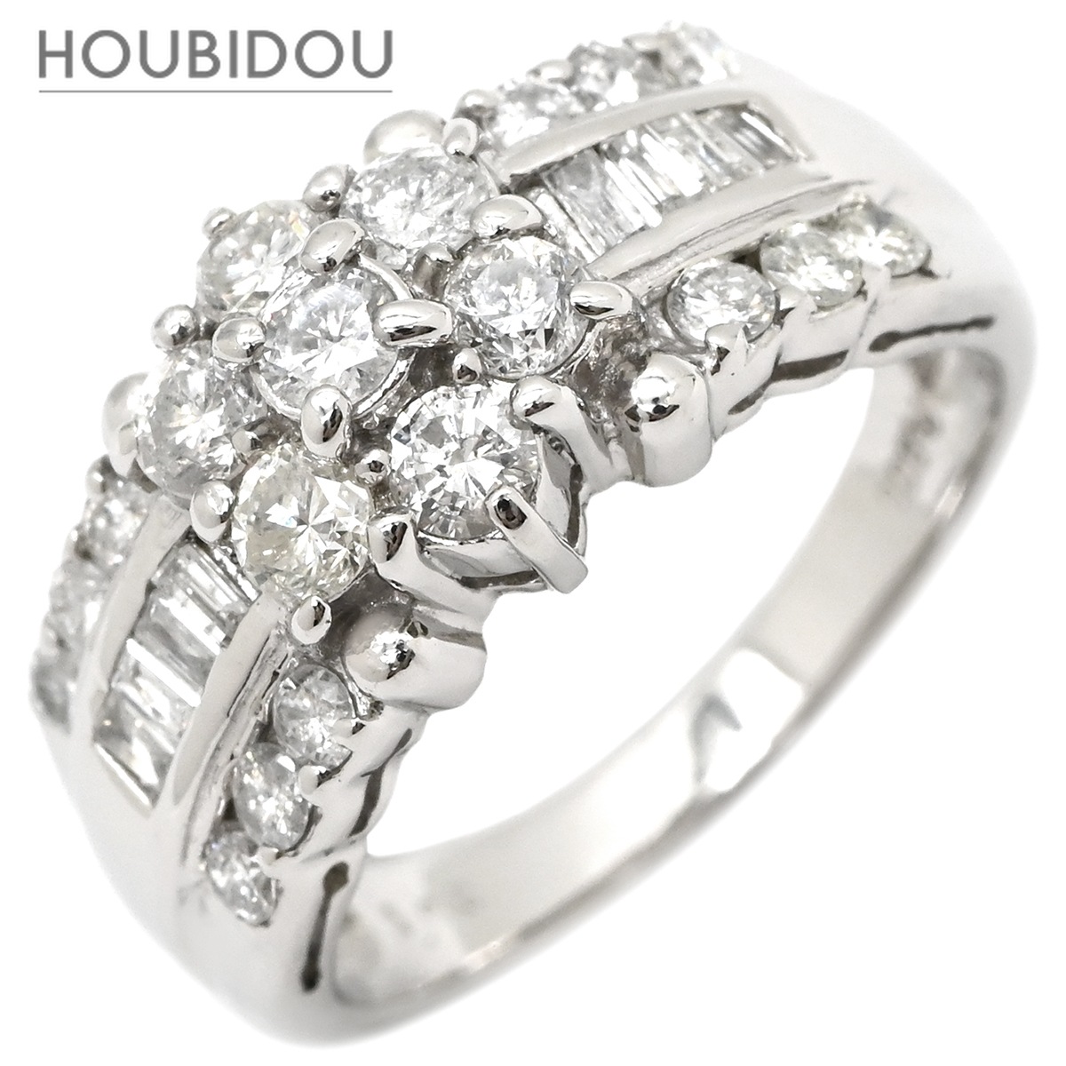 リング 指輪 ダイヤモンド 1.00ct プラチナシルバー Pt プラチナ フラワーモチーフ 花 ラウンドブリリアント バゲット 9号【中古】