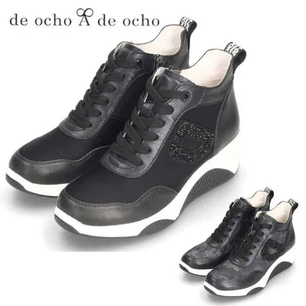 レディース ハイカットスニーカー インヒール レザー レースアップ ブラック 黒 デオーチョアデオーチョ 022-7A サイドファスナー 厚底