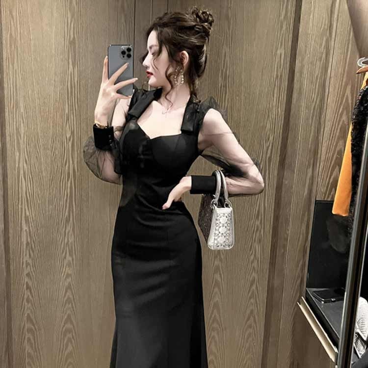 結婚式 二次会 同窓会 レディース 卒業式 成人式 ミモレ丈 オケージョン 演奏会 マーメイド 長袖 上品 きれいめ お呼ばれドレス ワンピース タイトワンピース スリム 披露会 ロングドレス パーテ