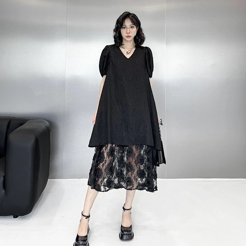 レースドッキング ワンピース Vネック 夏 薄手 半袖 レディース ワンピース