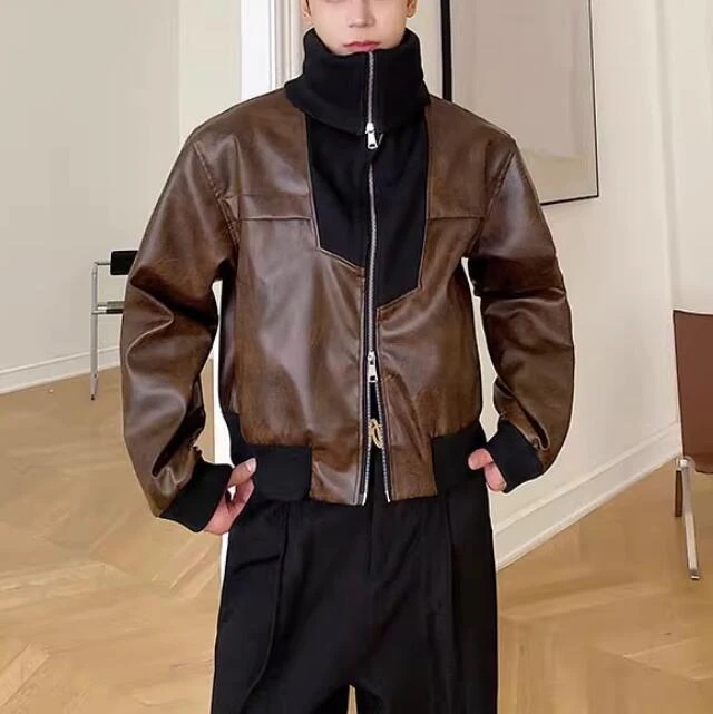 韓国ファッション メンズ アウター 服 長袖 PU レザー ジャケット PY47