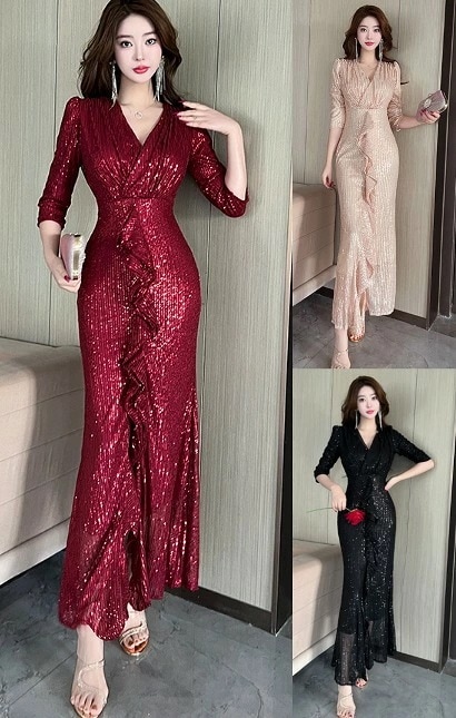 高品質新入 完売御礼ロングワンピース Vネック ドレス フリル キャバクラ セクシー パーティードレス きれい レディース【大きいサイズ レディース 春夏 結婚式 きれいめ タイト フォーマル 大人