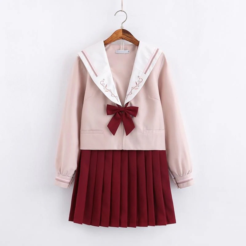 即納 学生服 上下セット セーラー服　 ピンク上着+レッドスカート 長袖半袖2種類タイプ 短い長いスカート セーター別売有 女子制服　JK制服　コスプレ 高校生 コスプレ可愛い レディース30パーセン