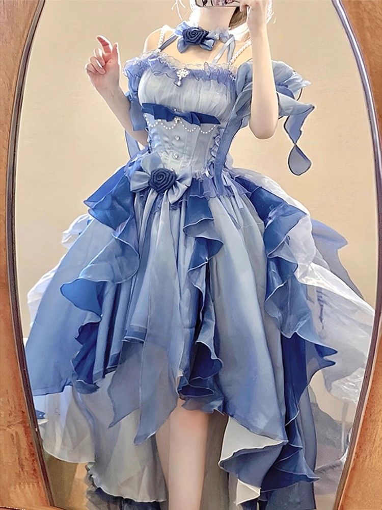 エレガントでゴージャスなウェディングロリータスカートバースデードレスプリンセススカート前短く後ろ長いロリータスカートおしゃれなロリータスカート