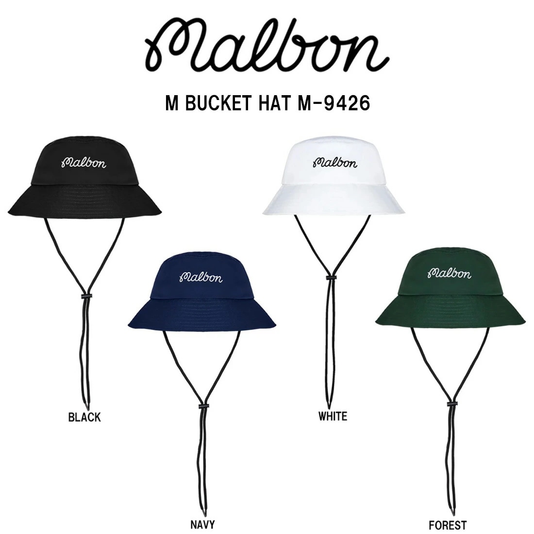 MALBON GOLF メンズ バケットハット 紐付き ストラップ ハット 調整可能 ワンポイント ロゴ カジュアル アウトドア スポーツ 帽子 M-9426