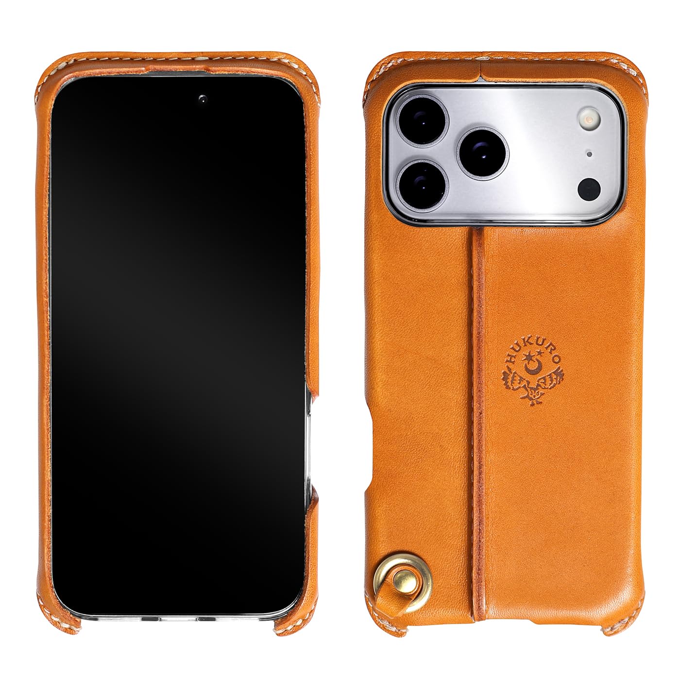 [HUKURO] iPhone17 Pro Max 互換用 オープン型 ケース 栃木レザー 本革 スマホケース 落下防止 グリップ カバー ストラップホール 持ちやすい 日本製 フクロ ライトブラウン