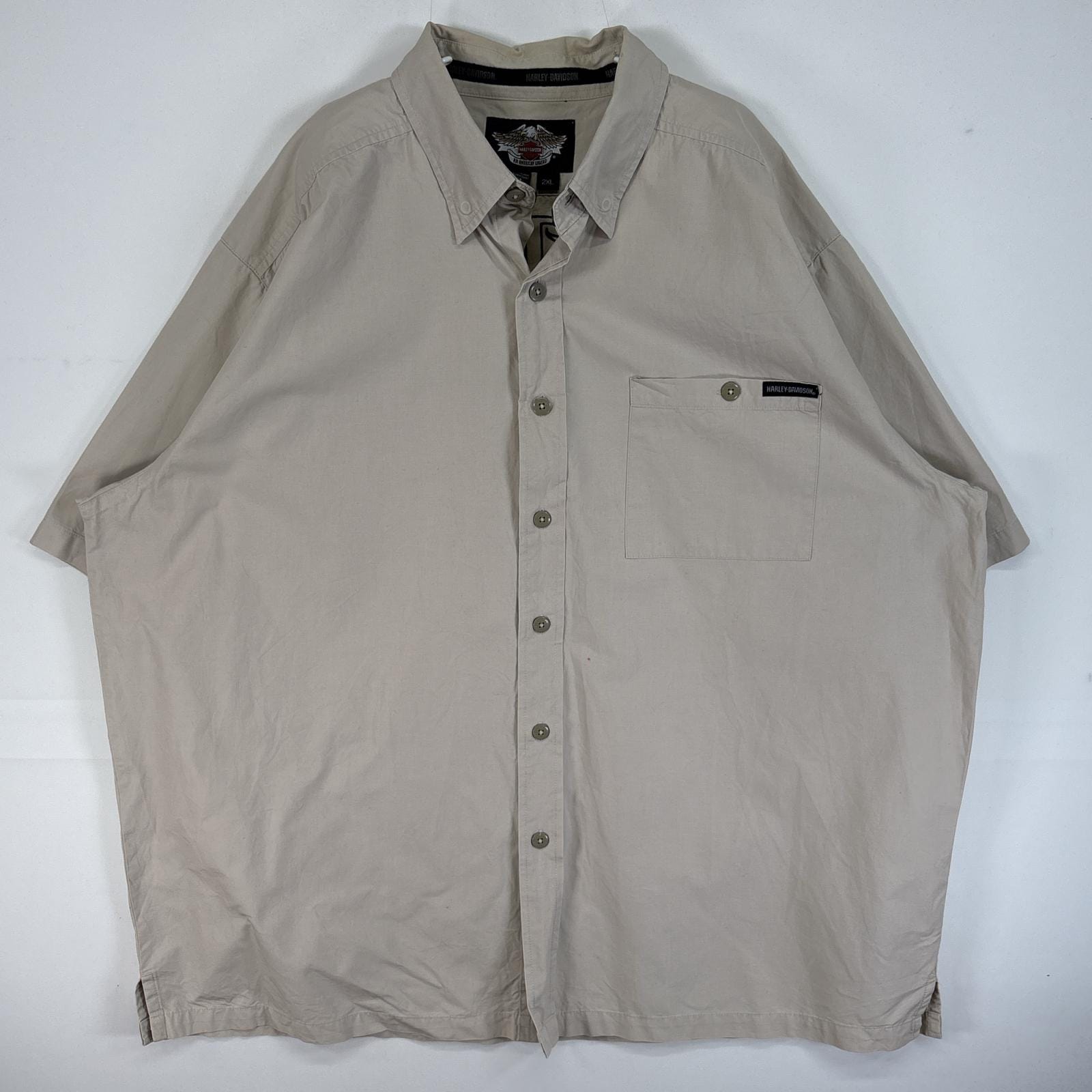 古着 半袖シャツ ワーク 作業着 両面 ロゴ バック 刺繍 大きいサイズ 2XL ベージュ 無地 メンズ
