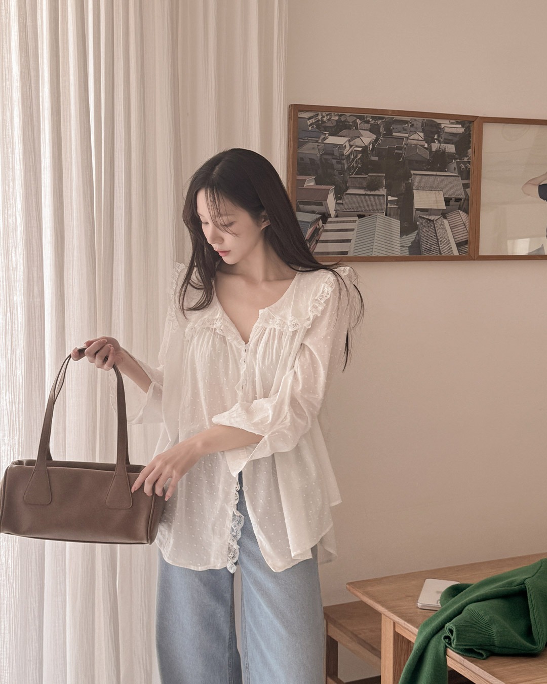 ミルカドットフリルブラウス韓国ファッション レディース