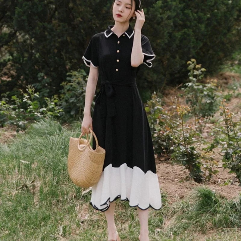 【急速出荷!】黒白ワンピース 配色 ワンピース 半袖 夏 フレンチガーリー ロングワンピース フリル シャツワンピース