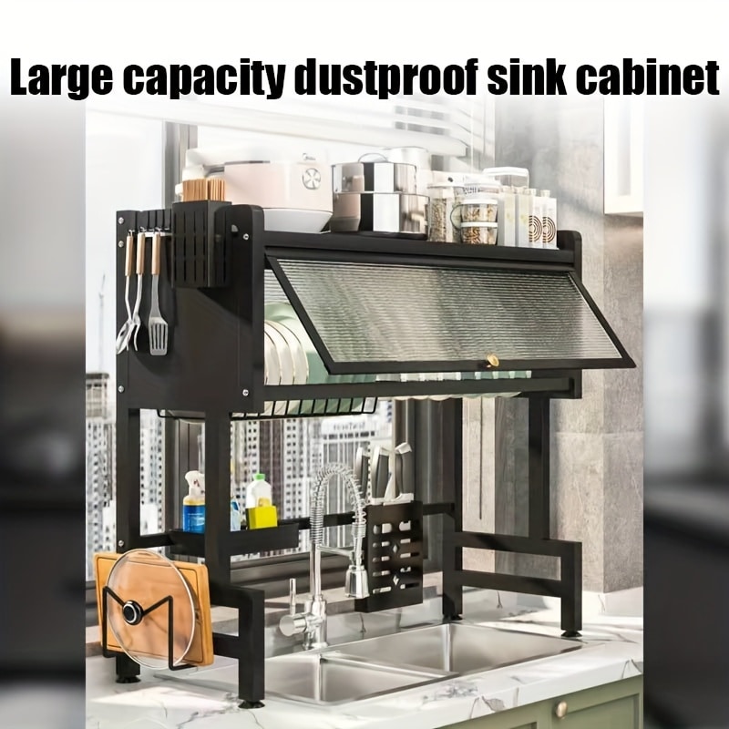 金属製キッチンシンクオーガナイザー多機能食器乾燥ラック防塵キャビネットドア付き強化された厚みのある素材大容量実用的で美しい家庭用キッチン収納棚