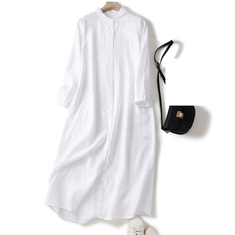 レディース トップス シャツ ロングシャツ 長袖 襟付き ポロカラー ミドル丈 ボタン 前開き コットン リネン 薄手 無地 ルーズ きれいめ 上品 おしゃれ お洒落 大人可愛い かっこいい 大人女子