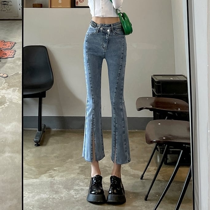 ジーンズ ボトムス 長ズボン フレア ジーパン スリット カットオフ 個性的 フレア パンツ ハイウエスト ストレッチ ミモレ丈 アンクル丈 スリット ストレッチ 美脚 動きやすい 韓国