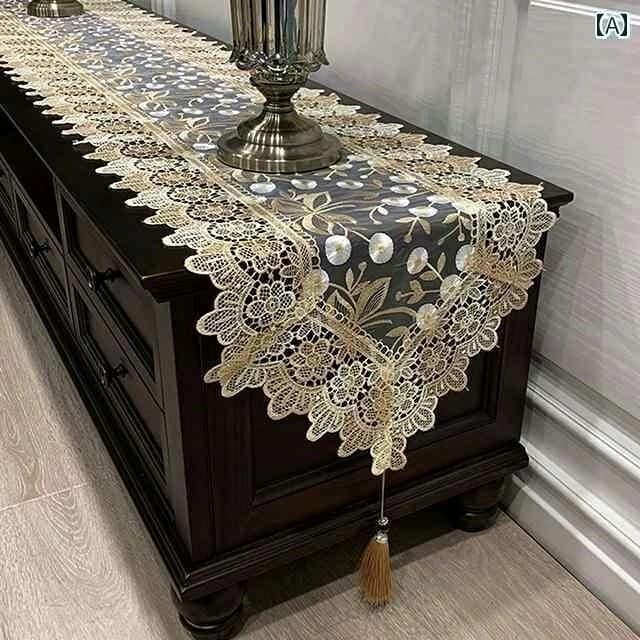タペストリー テーブルランナー おしゃれ テレビキャビネット クロス レース 北欧 軽量 エレガント タッセル 刺繍 白 グレー ゴールド